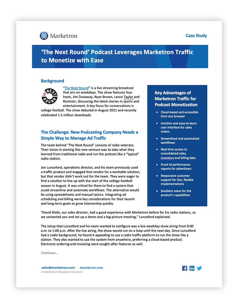 ‘The Next Round’ Podcast Leverages Marketron Traffic to Monetize with Ease