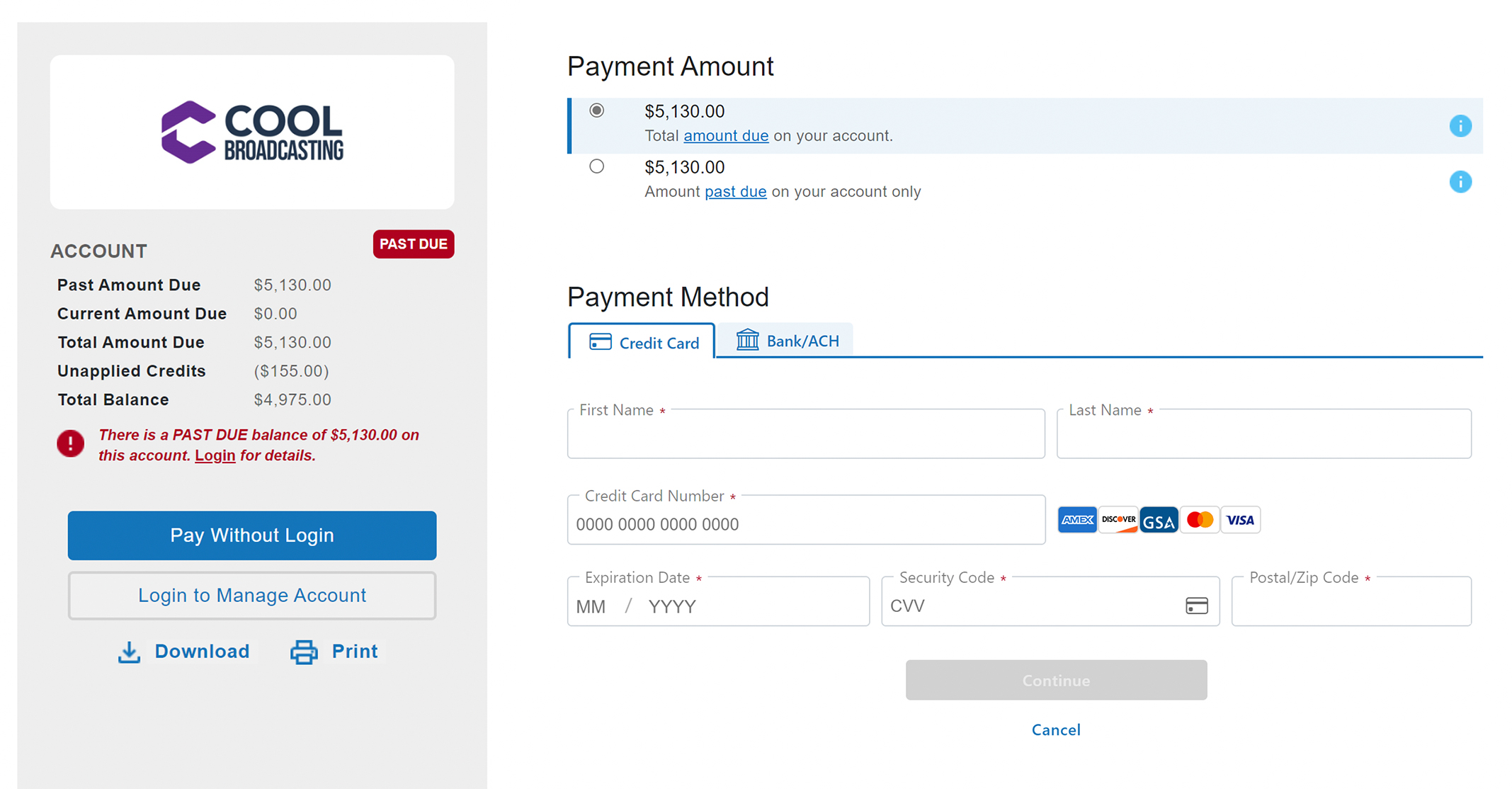 PayNow eStatement screen: Pay without logging in