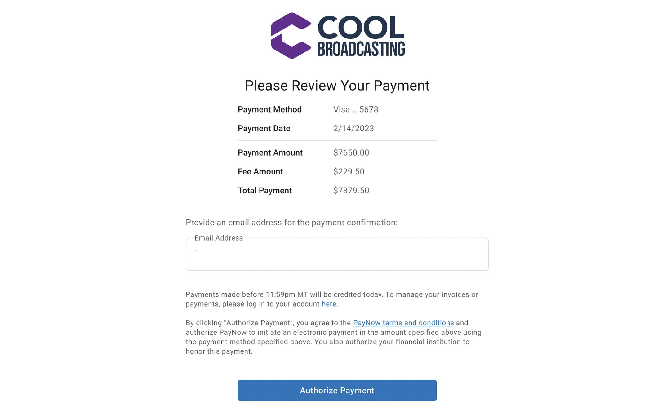 PayNow eStatement screen: Review the payment