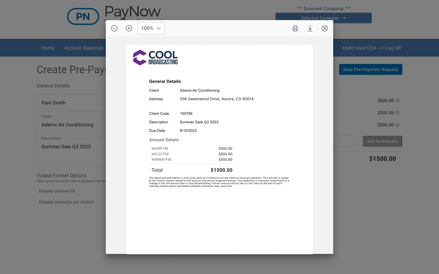 PayNow Traffic Portal screen: Preview the pre-payment invoice