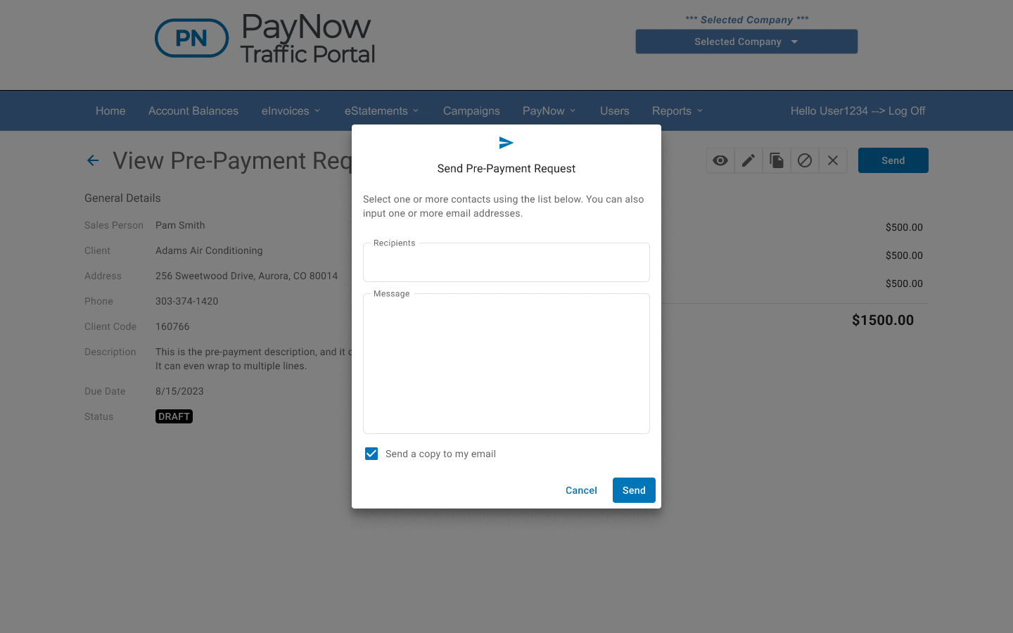 PayNow Traffic Portal screen: Send it